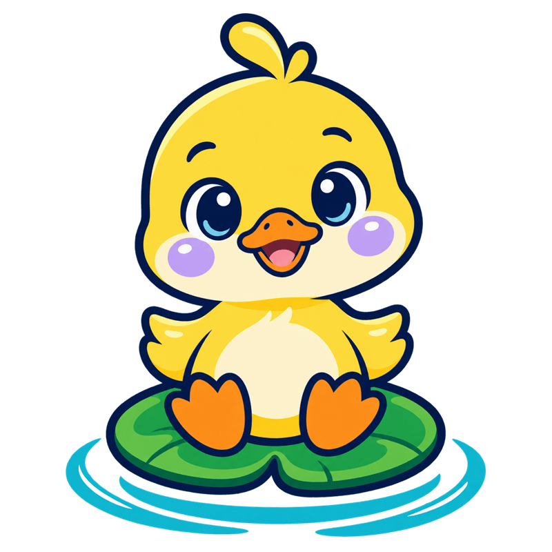 Plumi, a smiling yellow duckling sitting on a lily pad